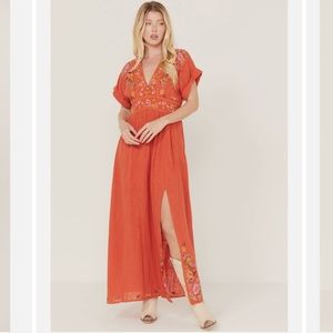 Free People Orange Linen Slit Maxi Dress